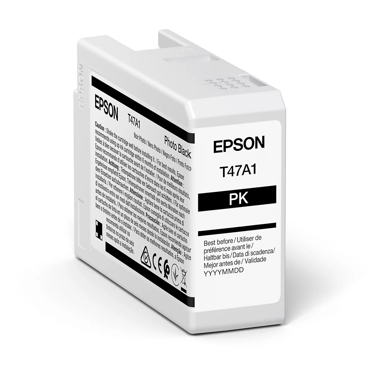 Une cartouche d'encre Epson blanche avec des lettres noires, modèle T47A1, PK.