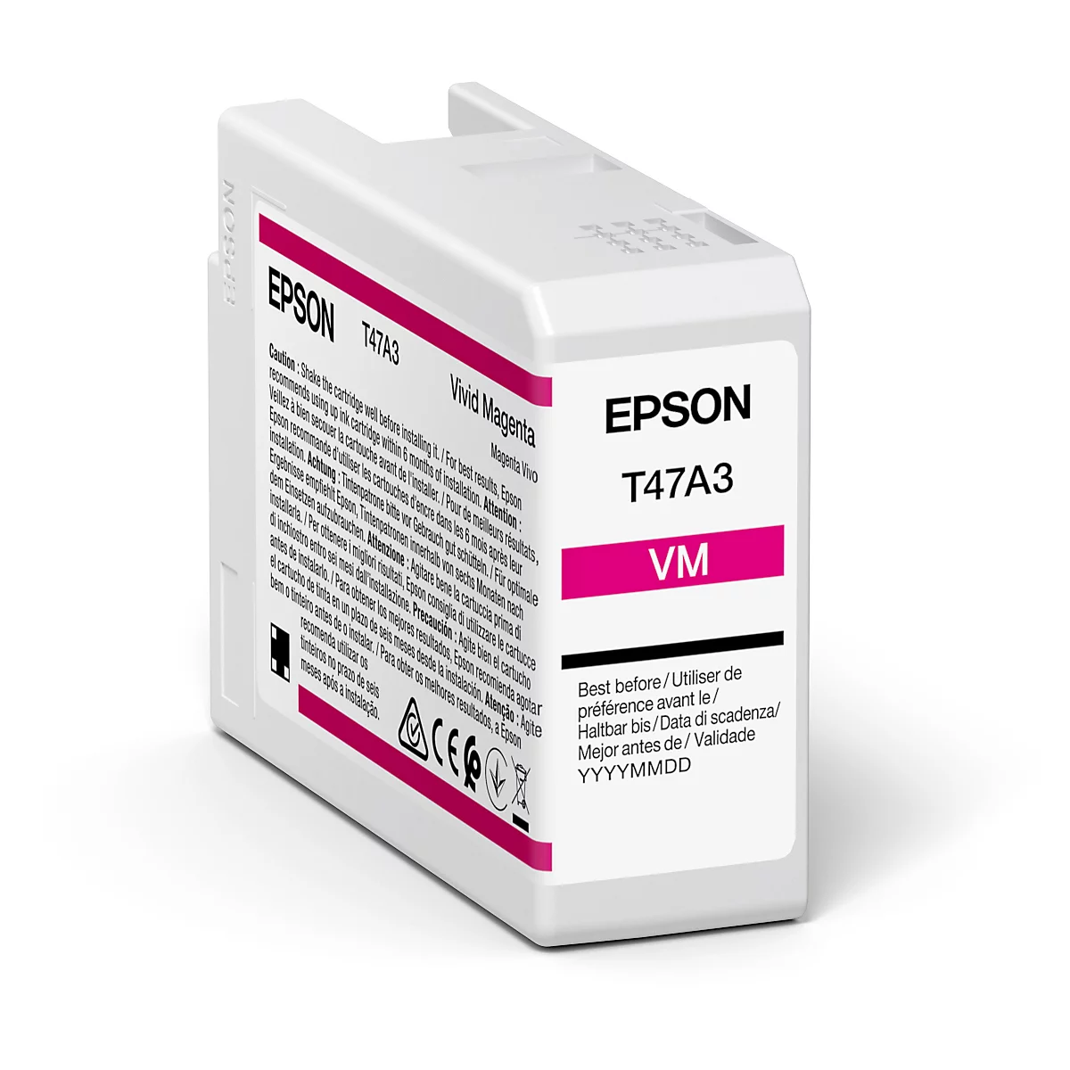 Epson Tinte, Weiß und Magenta. Aufschrift 'EPSON T47A3 VM'. Text mit Hinweisen zu Installation und Haltbarkeit.