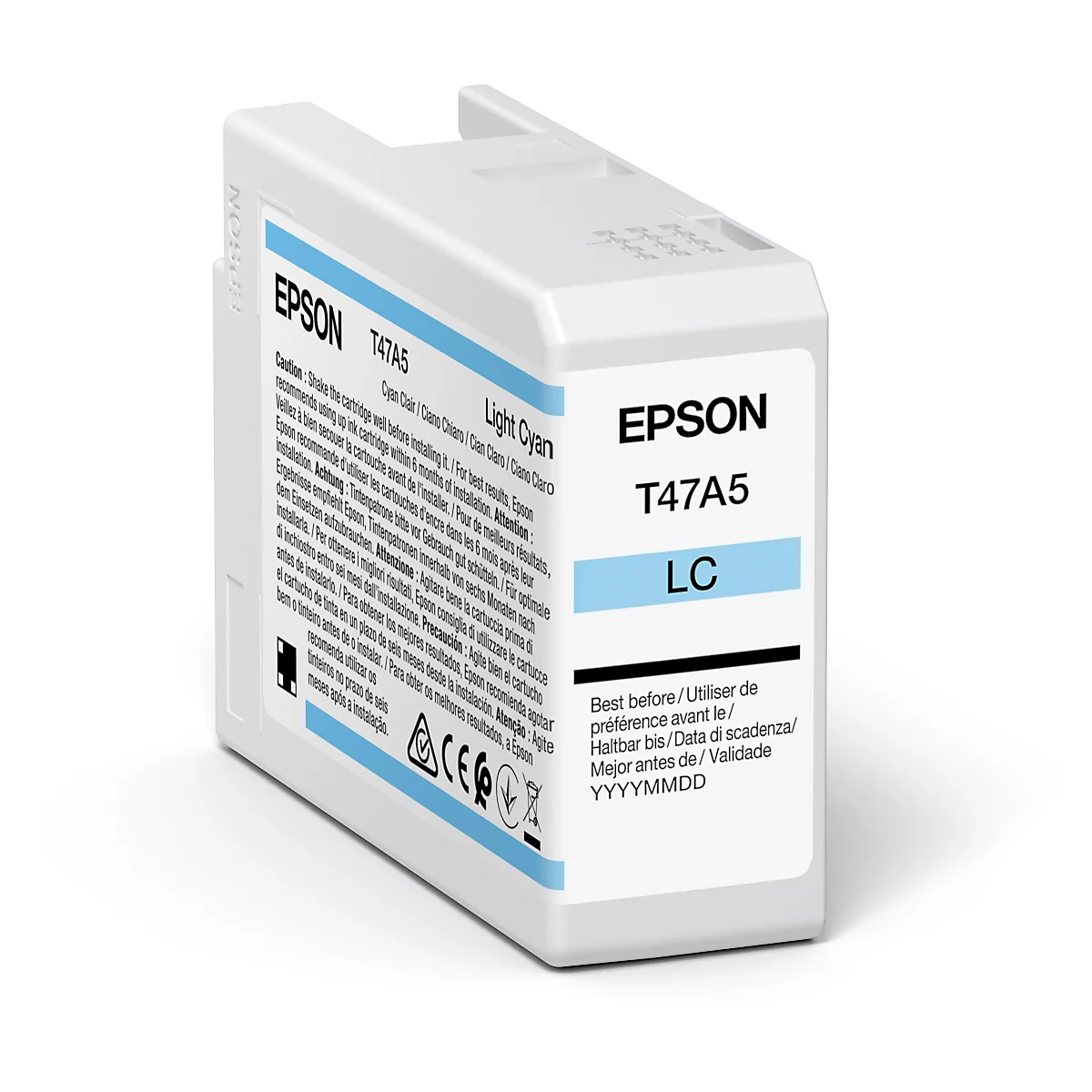 Hellblaue Tintenpatrone von Epson mit Aufdrucken und Produktdaten.