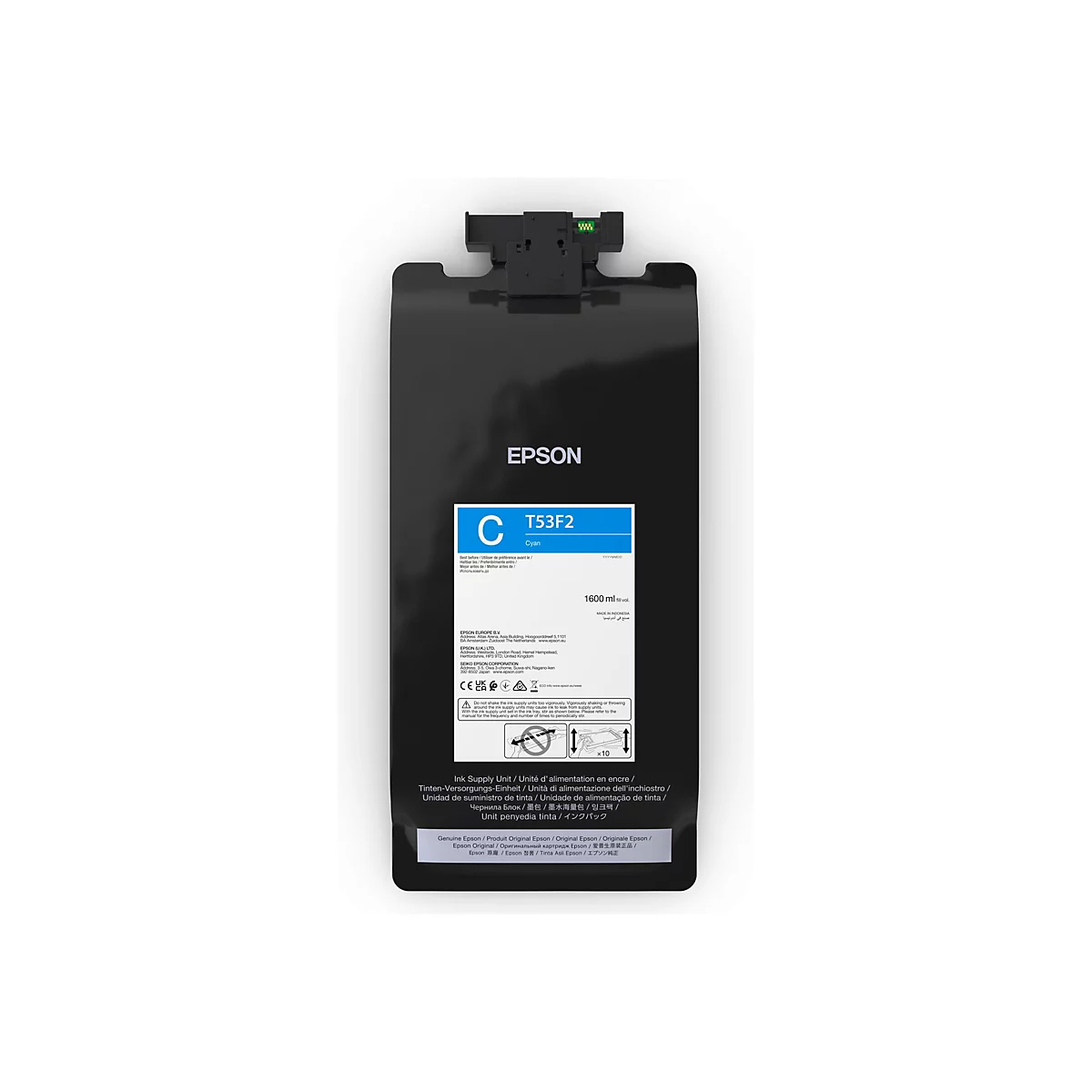 Eine blaue Epson Tintenpatrone, die die Bezeichnung T53F2 trägt. Auf der Patrone sind Logos und Produktinformationen abgebildet.