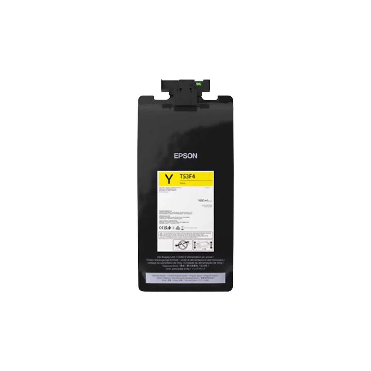 Schwarze Epson Tintenpatrone, gelbe Beschriftung: Y T53F4, Text.