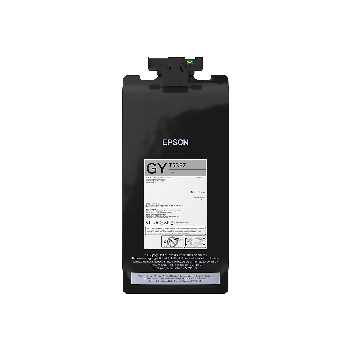 Graue Epson Tinte T53F7. Der schwarze Tintenbehälter ist mit Etiketten versehen. Der Deckel ist schwarz.