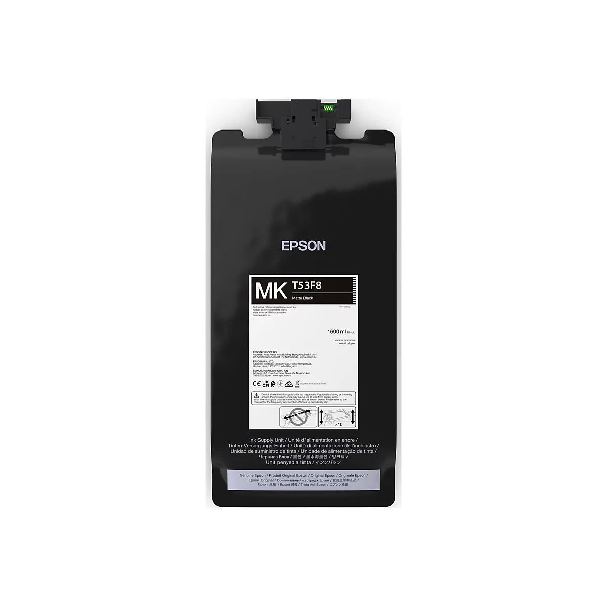 Schwarze Epson Tinte. Aufdrucke mit Produktinformationen und Logo.