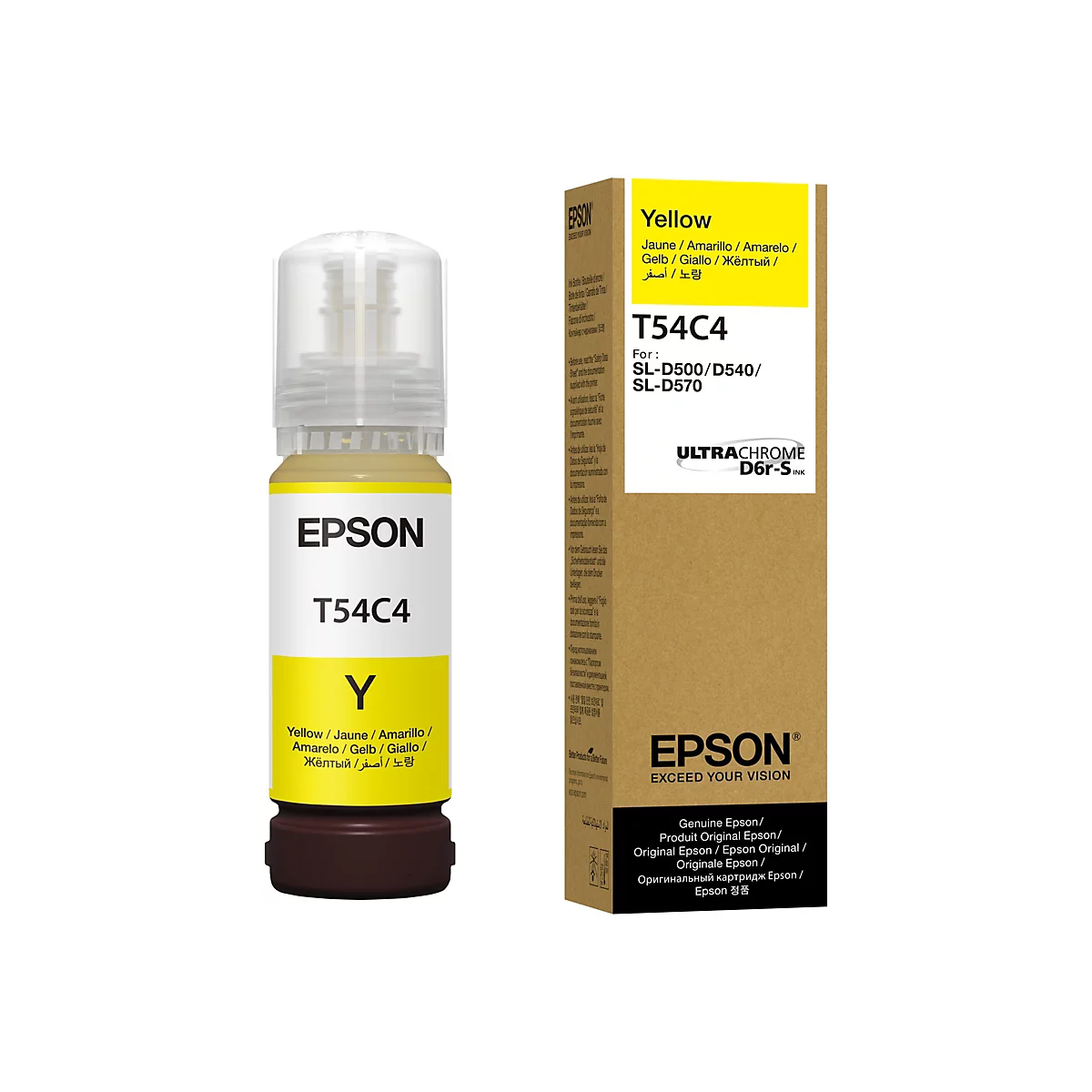 Gelbe Epson T54C4 Tintenpatrone. Aufdruck: Gelb, Epson Logo. Die Patrone und ein Etikett mit weiteren Produktinformationen stehen vor einem hellbraunen Hintergrund.