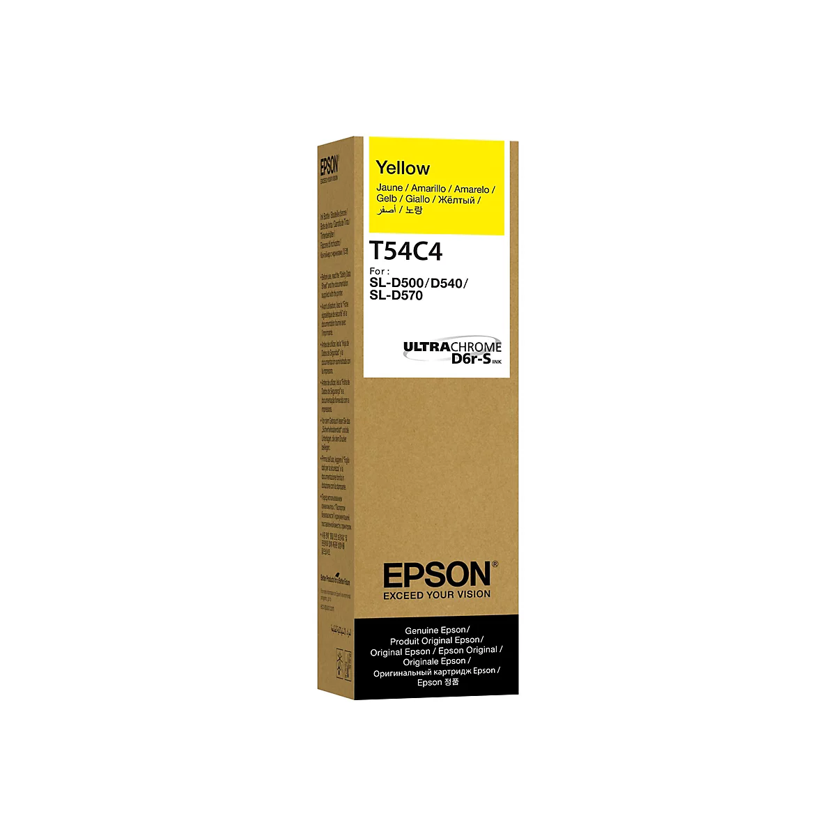 Gelbe Epson Tintenpatrone, die auf einer braunen Verpackung abgebildet ist. Auf dem gelben Etikett stehen Informationen wie 'Yellow' und der Produkttyp.