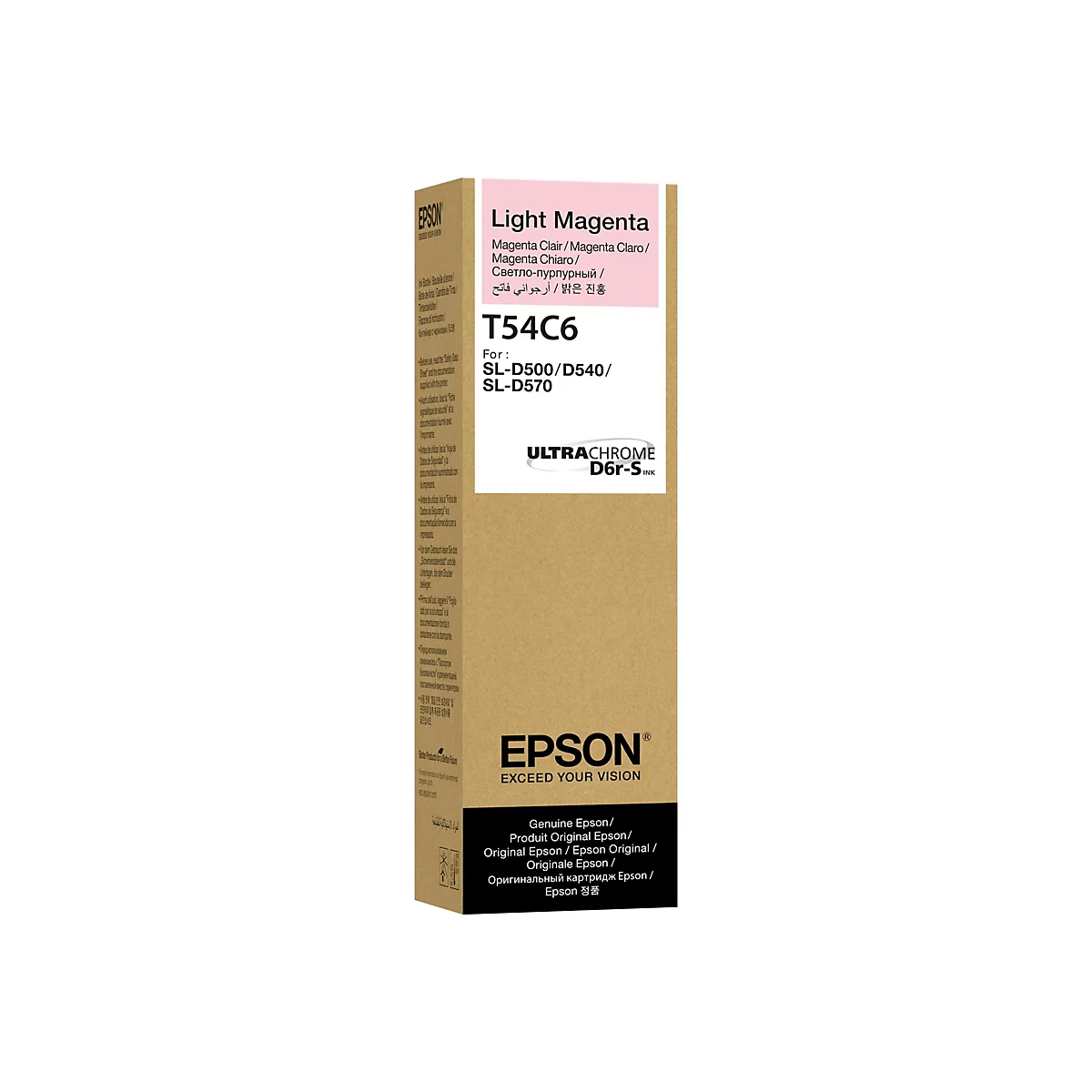 Eine Tintenpatrone von Epson in hellmagenta. Der Karton zeigt Text in verschiedenen Sprachen, darunter 'Light Magenta', 'T54C6' und 'Epson'.
