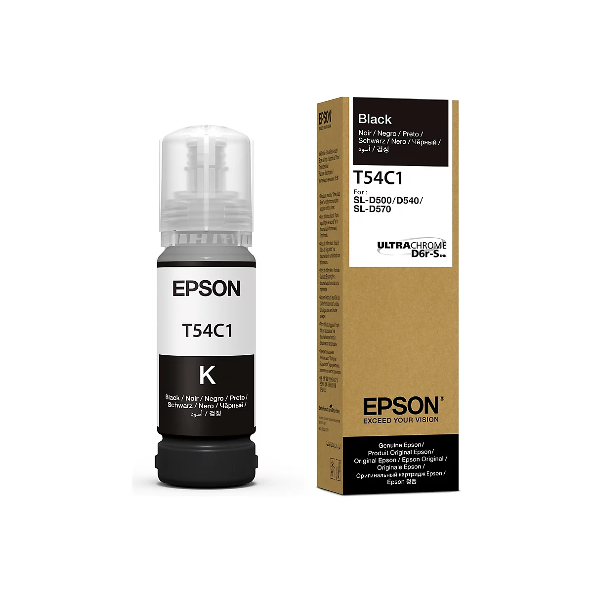 Schwarze Epson Tinte T54C1 mit schwarzem Label.