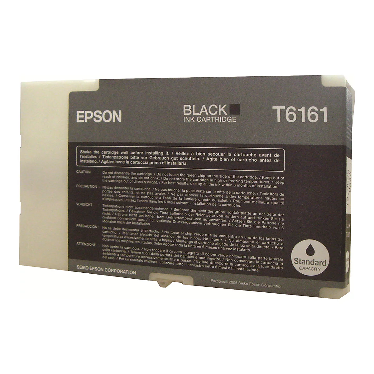 Schwarze Tintenpatrone von Epson, Modell T6161, Text auf Englisch und anderen Sprachen.