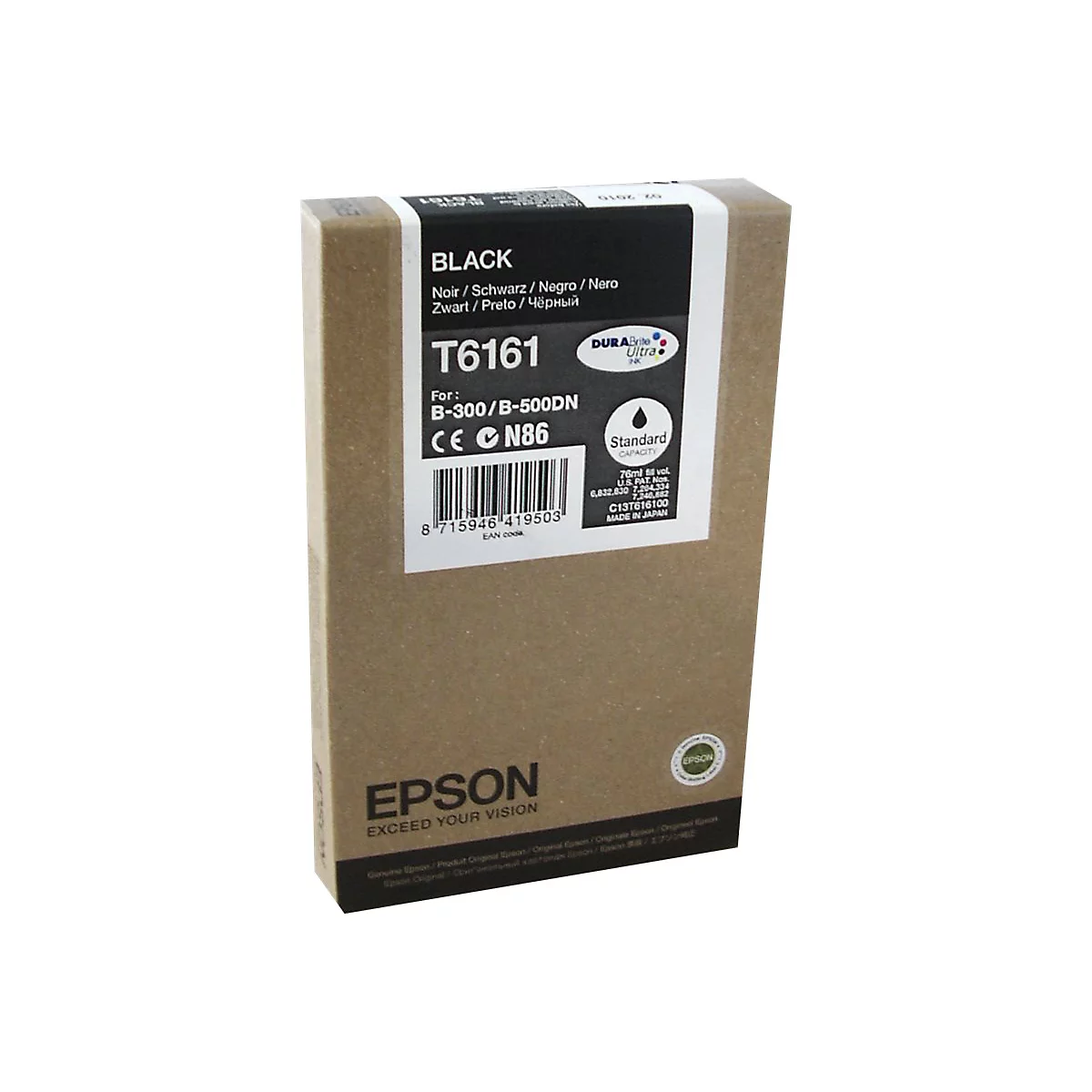 Schwarze Tintenpatrone in brauner Verpackung. Aufdruck mit Produktinformationen: BLACK, T6161 und EPSON.