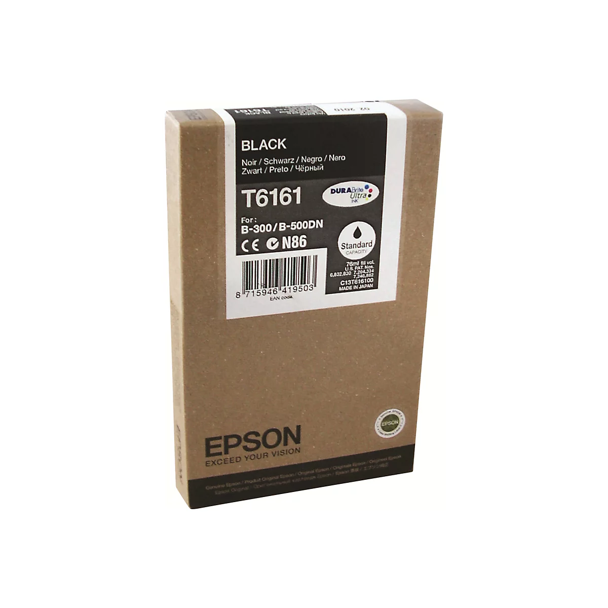Schwarze Epson Tintenpatrone T6161, Produktverpackung. Aufschrift: BLACK, Modell, etc. Vor weiÃŸem Hintergrund.