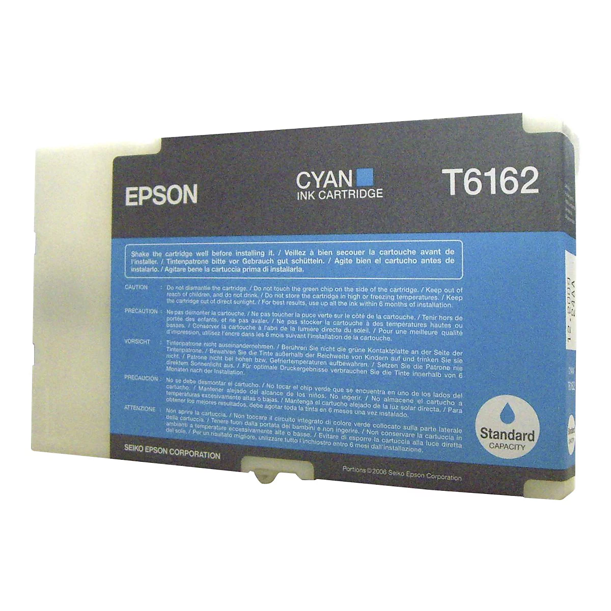 Eine blaue Epson T6162 Cyan-Tintenpatrone. Aufschrift: Cyan Ink Cartridge, Standard Capacity.