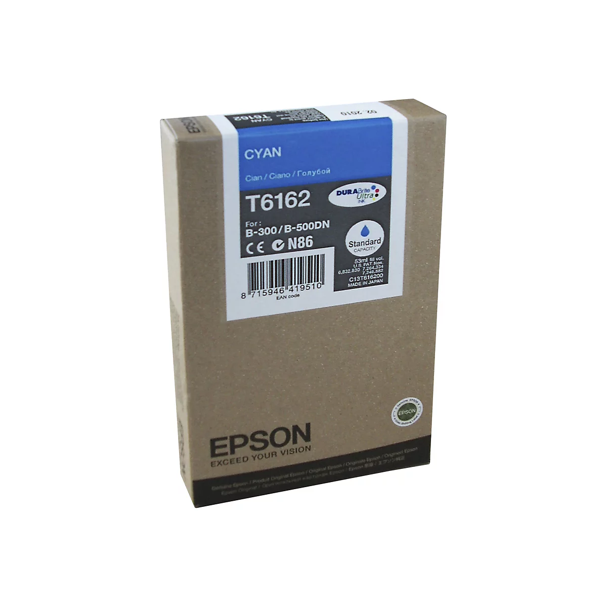 Eine Epson Druckerpatrone in Cyan, Karton mit Etikett, Schriftzug CYAN, Modell T6162.