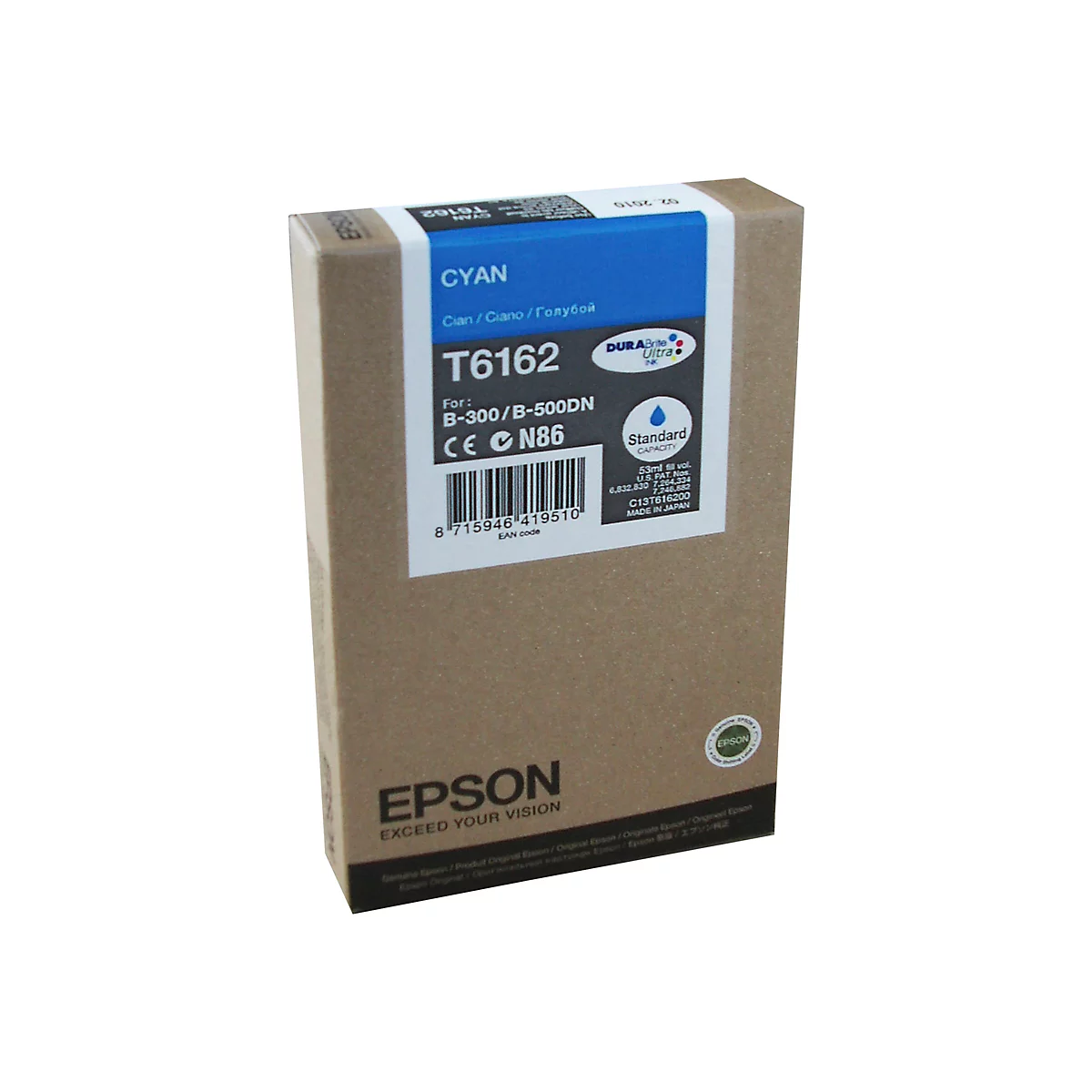 Eine Druckerpatrone in einer braunen Kartonverpackung mit blauem Aufdruck. Aufschrift: CYAN, T6162, Epson.
