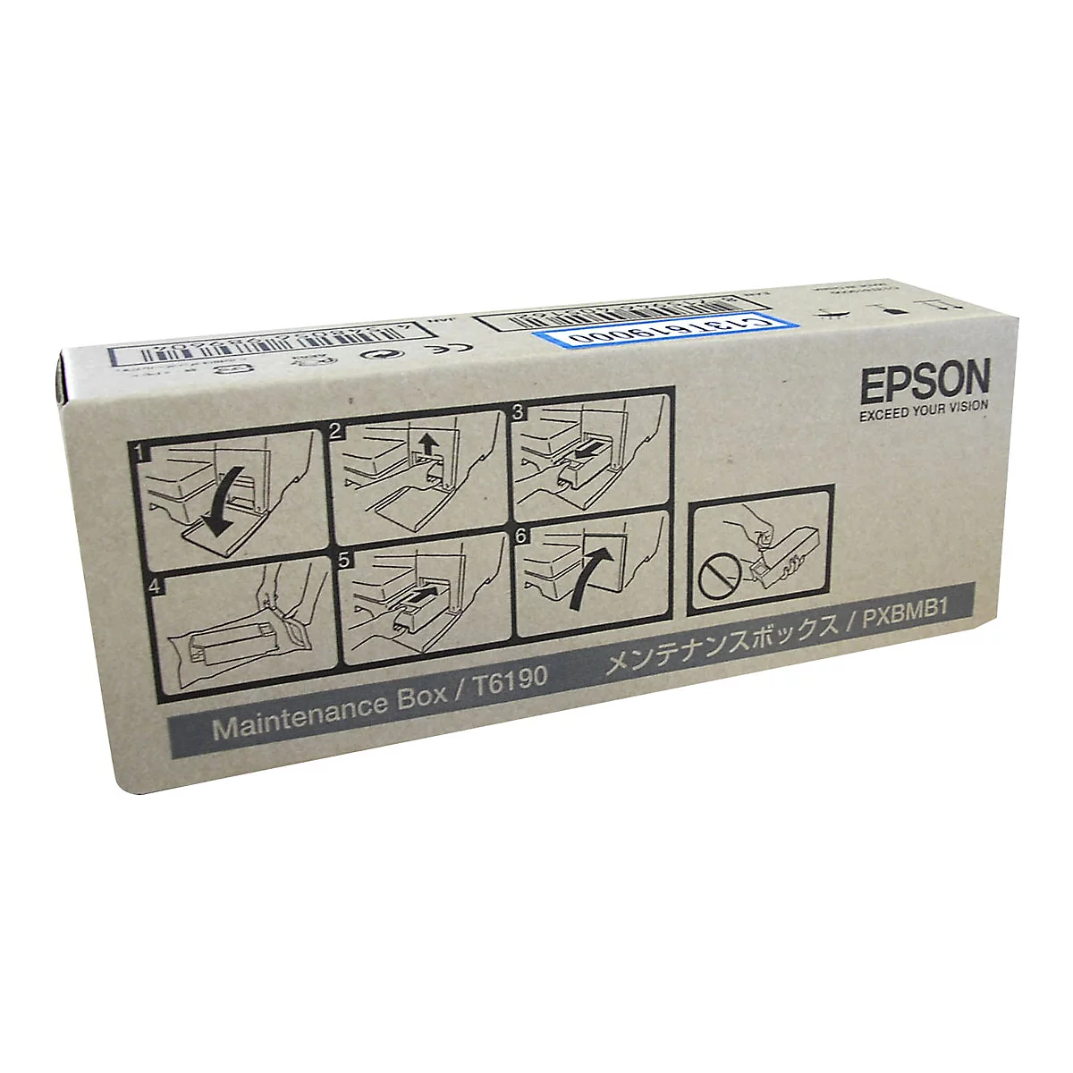 Eine rechteckige, braune Box mit Anweisungen und dem Epson-Logo. Aufschrift: 'Maintenance Box / T6190'.