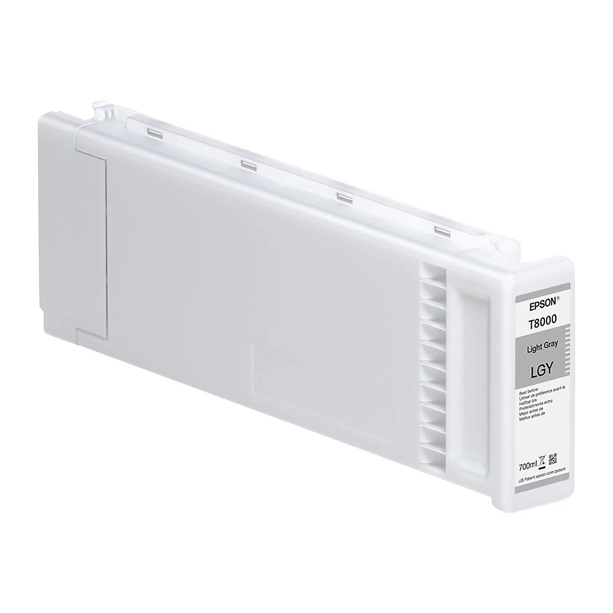 Hellgraue Epson T8000 Tintenpatrone, Seitenansicht. Aufschrift: Light Gray, LGY.