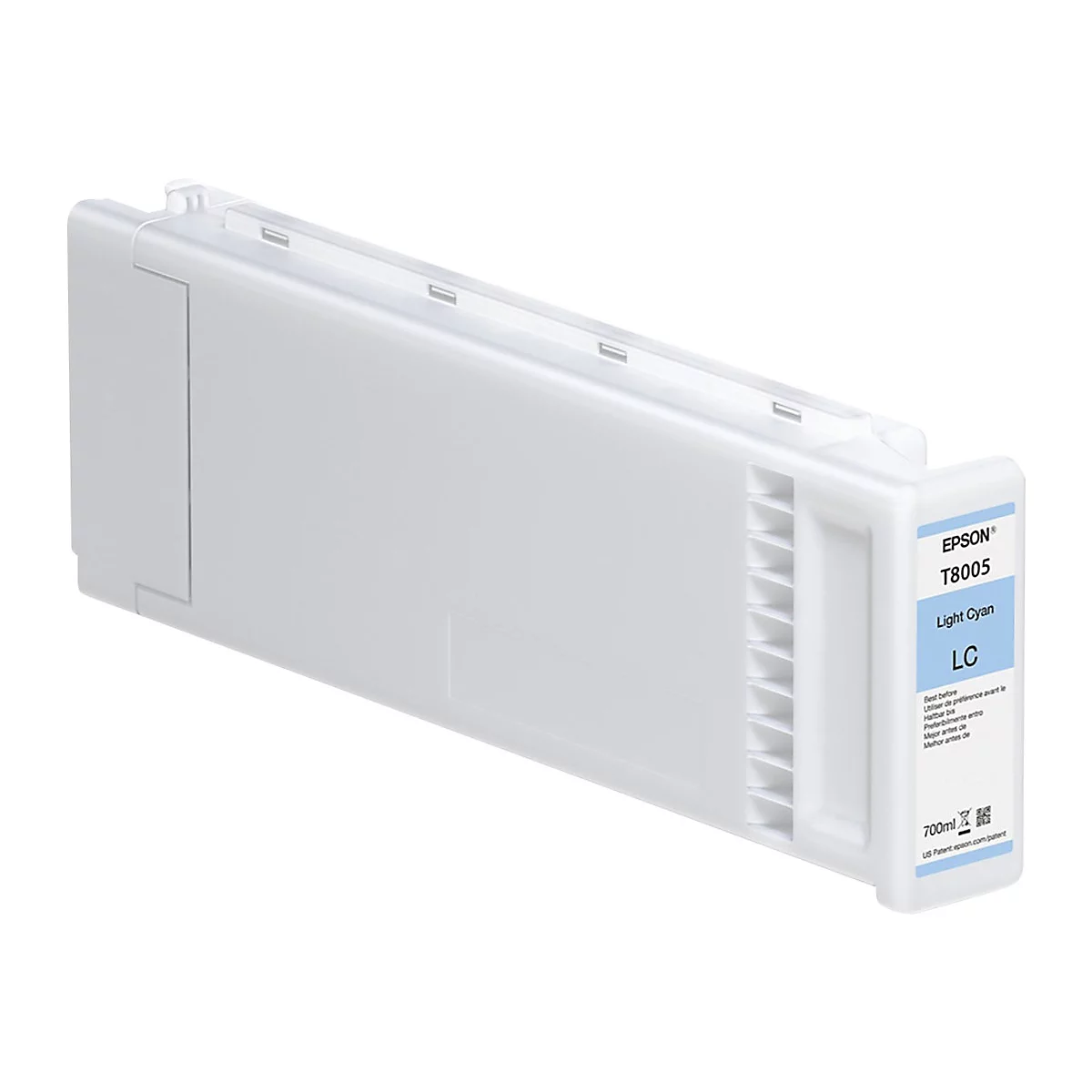 Hellblaue Epson Tintenpatrone, Beschriftung: Light Cyan, LC, T8005, 700ml.
