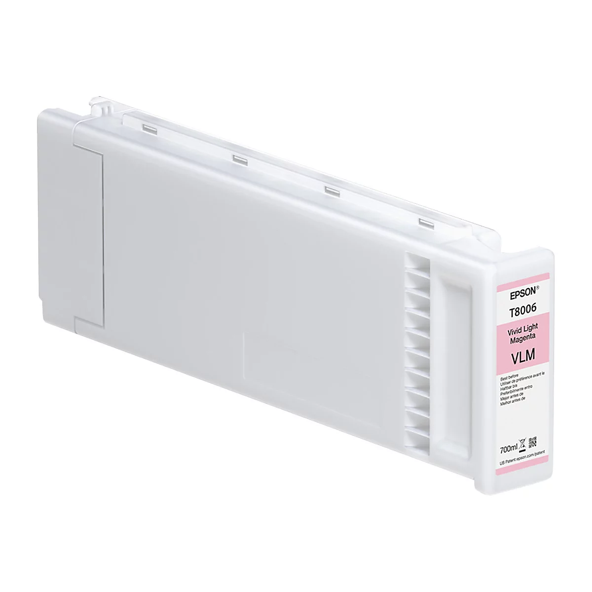 Hellgraue Druckerpatrone von Epson mit Text: Vivid Light Magenta, T8006, 700ml.