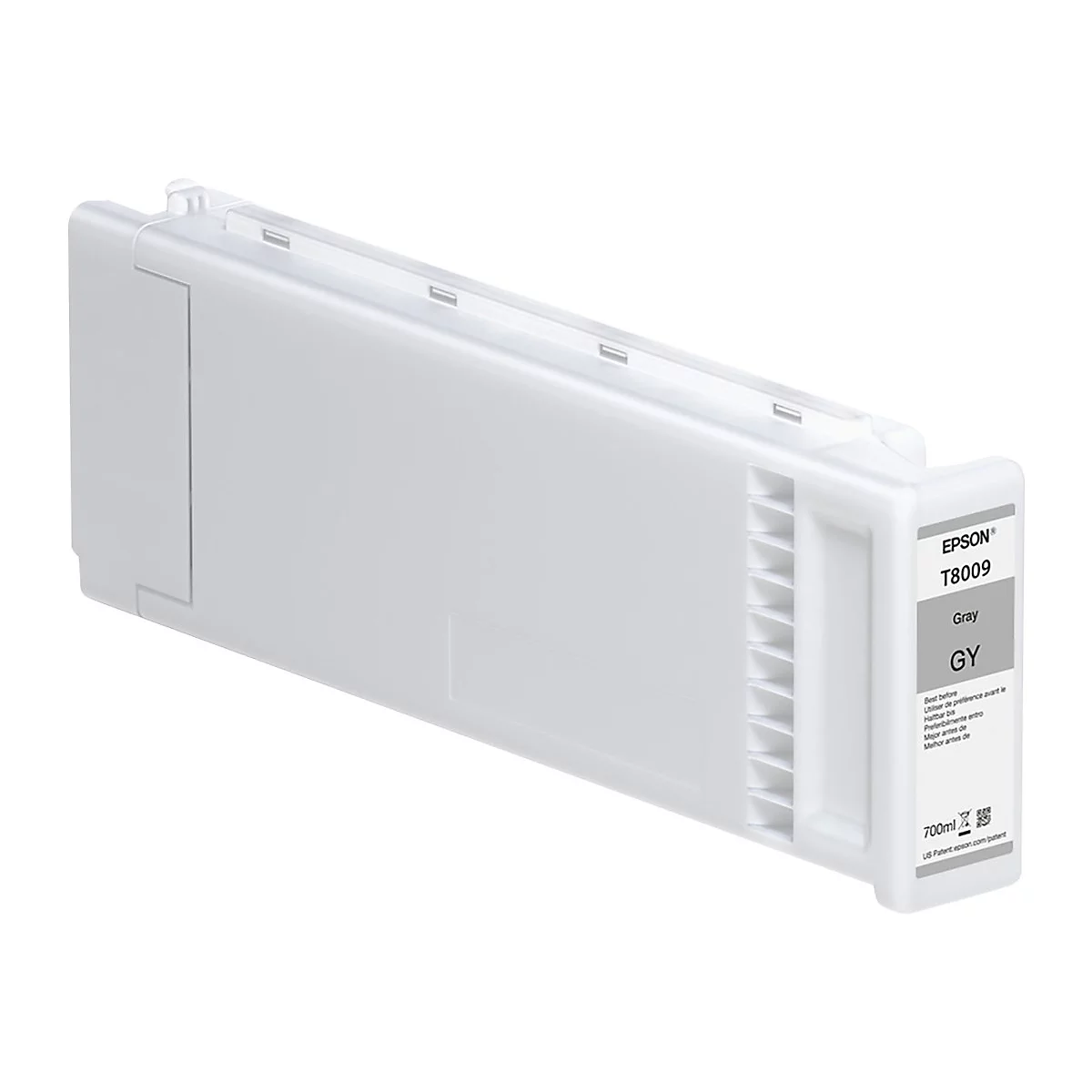 Graue Tintenpatrone von Epson, mit Aufdrucken von Produktinformationen.