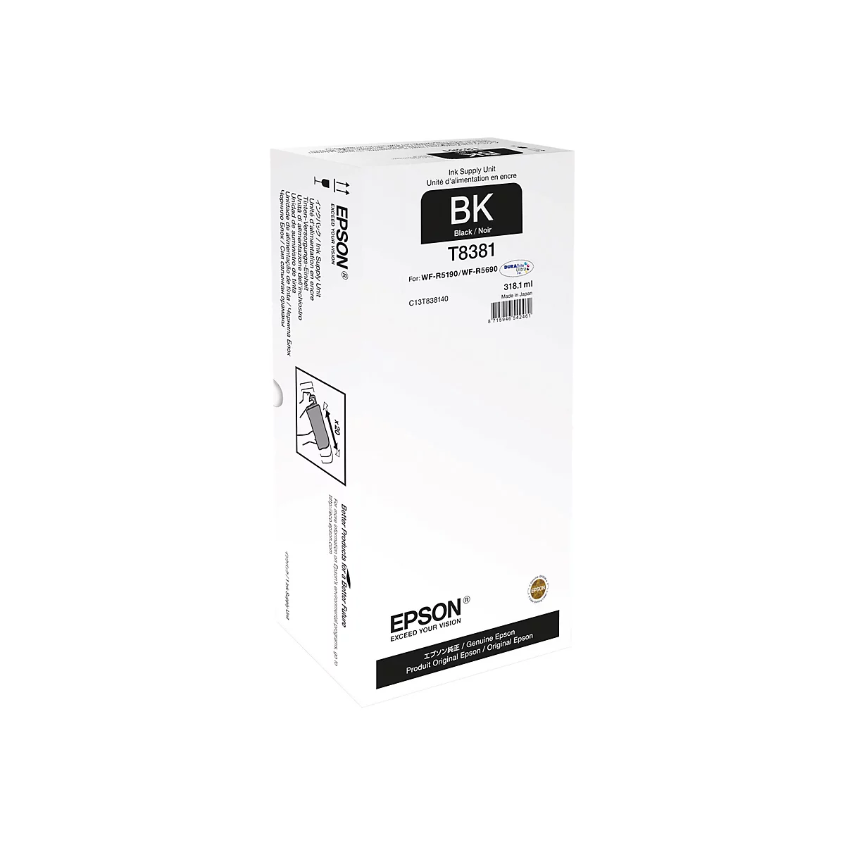 Eine Druckerpatrone mit schwarzer Tinte, die im Winkel vor weißem Hintergrund steht. Auf der Packung steht 'BK Black / Noir T8381'.