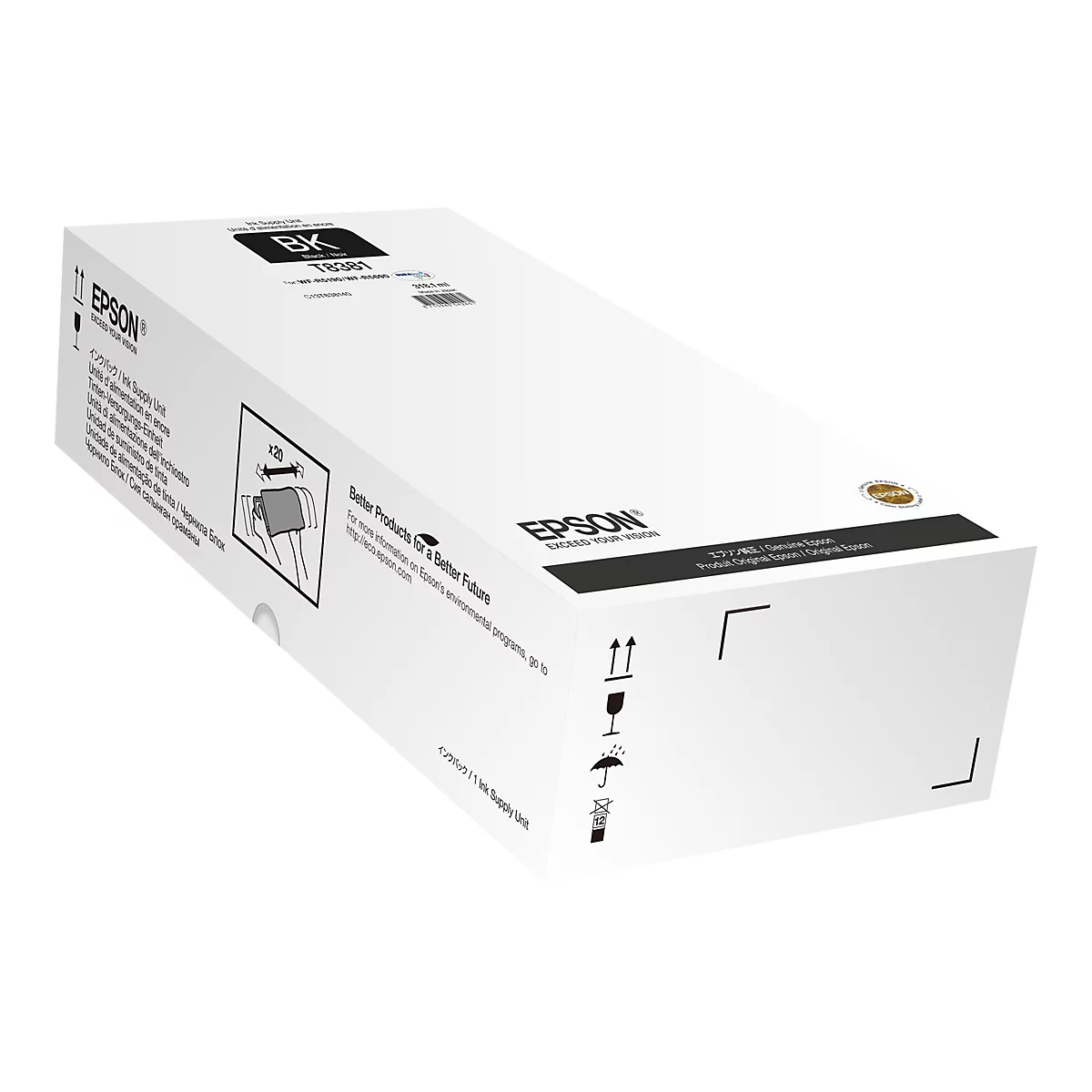 Weiße Epson Tintenpatronen-Box mit schwarzer Aufschrift und Logo, diagonal von links oben nach rechts unten. Produktname und Spezifikationen.