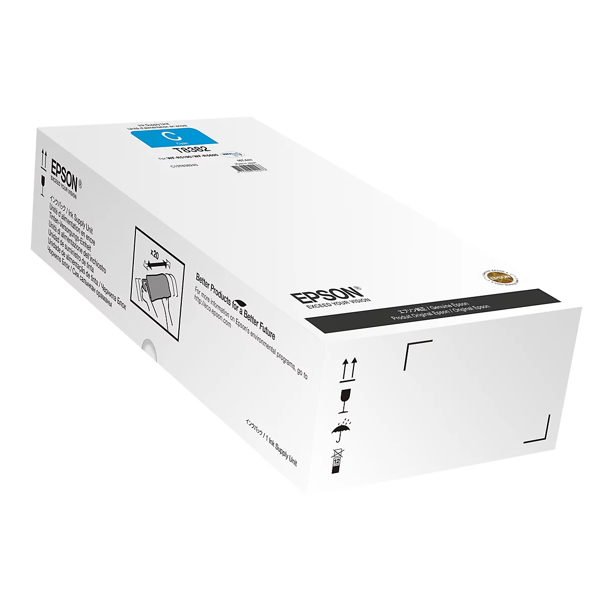 WeiÃŸer Epson Tintenpatronen-Karton in SchrÃ¤gansicht. Mit blauem Label und Produktbezeichnung.