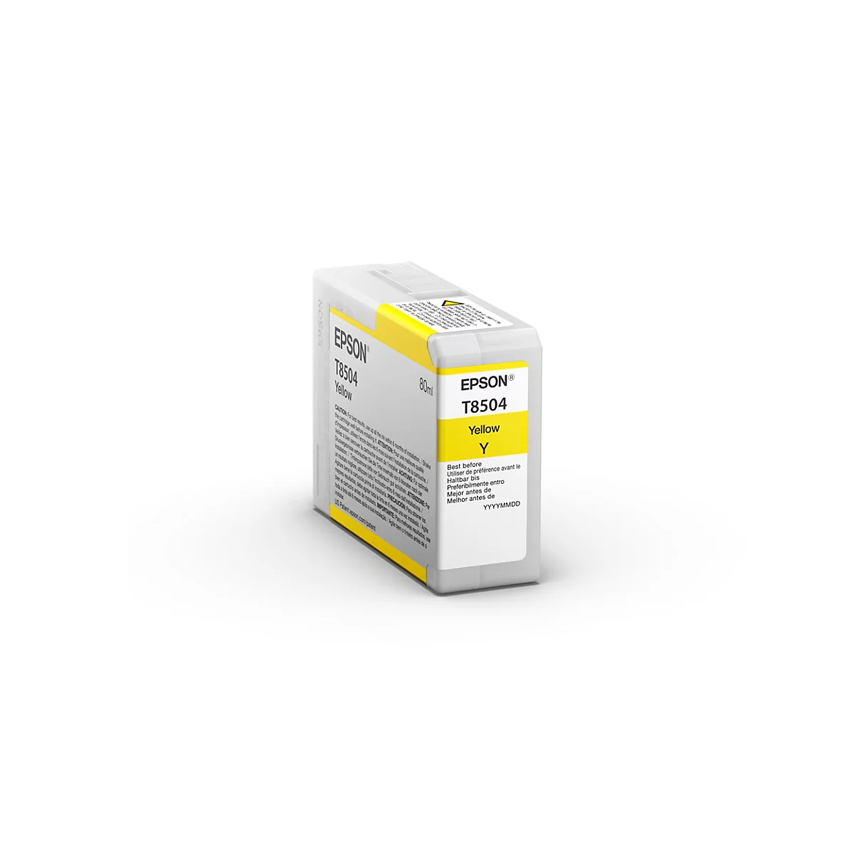 Gelbe Epson T8504 Tintenpatrone, vor weißem Hintergrund. Der Text auf der Patrone lautet "EPSON T8504 Yellow".
