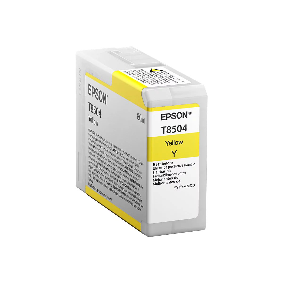 Gelbe Epson T8504 Tintenpatrone, Seitenansicht. Aufdruck mit Produktname, Füllmenge und Warnhinweisen.