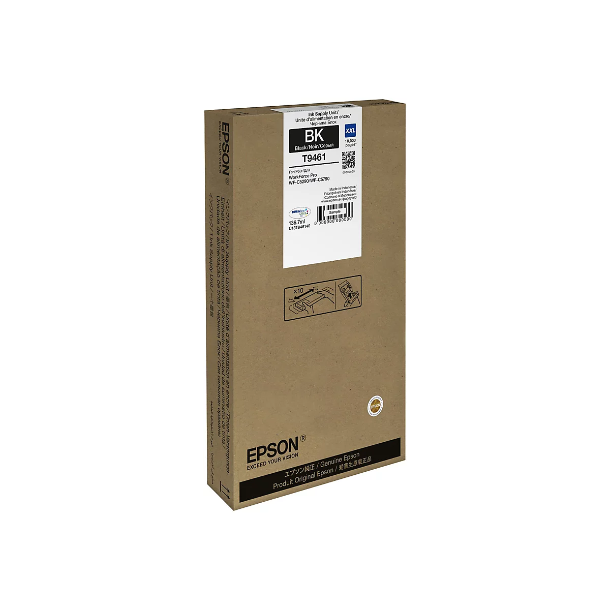 Emballage marron de cartouche d'imprimante avec Ã©tiquette. Il affiche des informations sur le produit et le logo Epson.