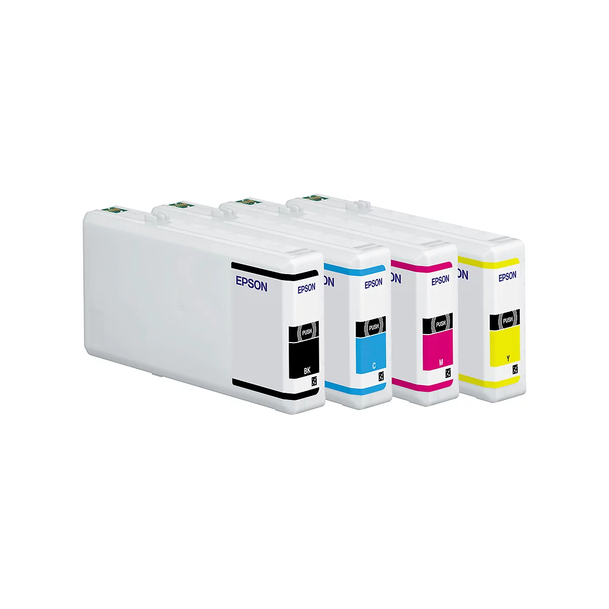 Vier Tintenpatronen in Weiss, Schwarz, Cyan, Magenta und Gelb, mit dem Epson-Logo. Alle sind in einer Reihe angeordnet.