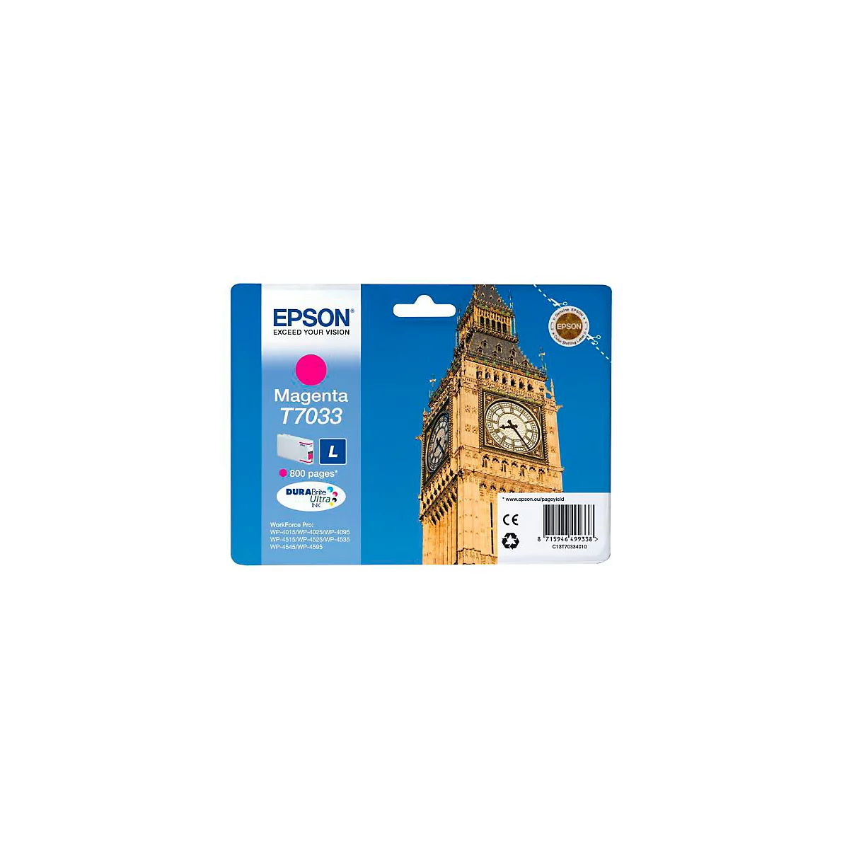 Eine Packung Epson T7033 Magenta Tinte vor dem Big Ben. Aufgedruckt sind Angaben zur Reichweite und Kompatibilität.