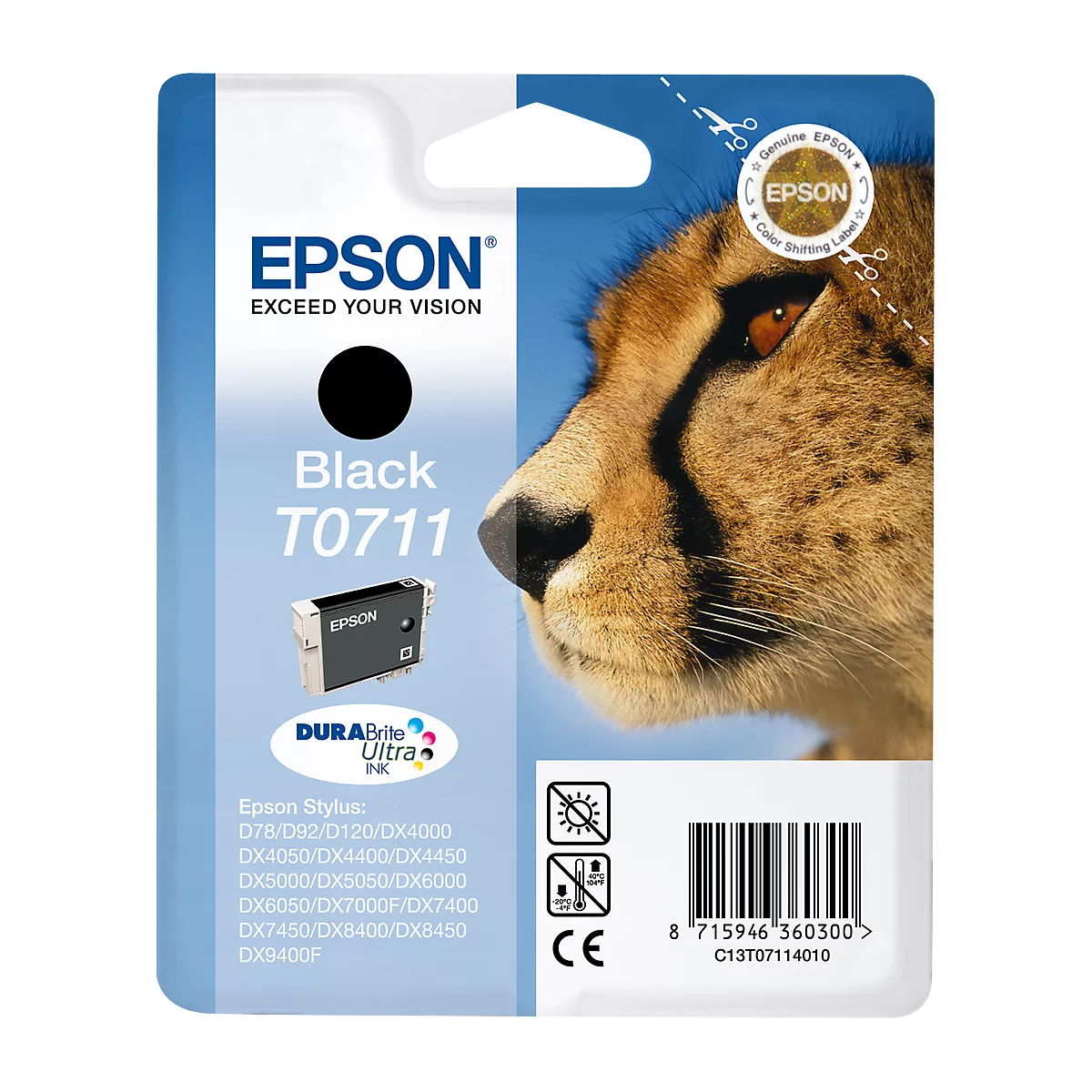 Schwarze Epson Tintenpatrone mit Cheeta-Gesicht. Die Patrone trägt die Bezeichnung T0711.