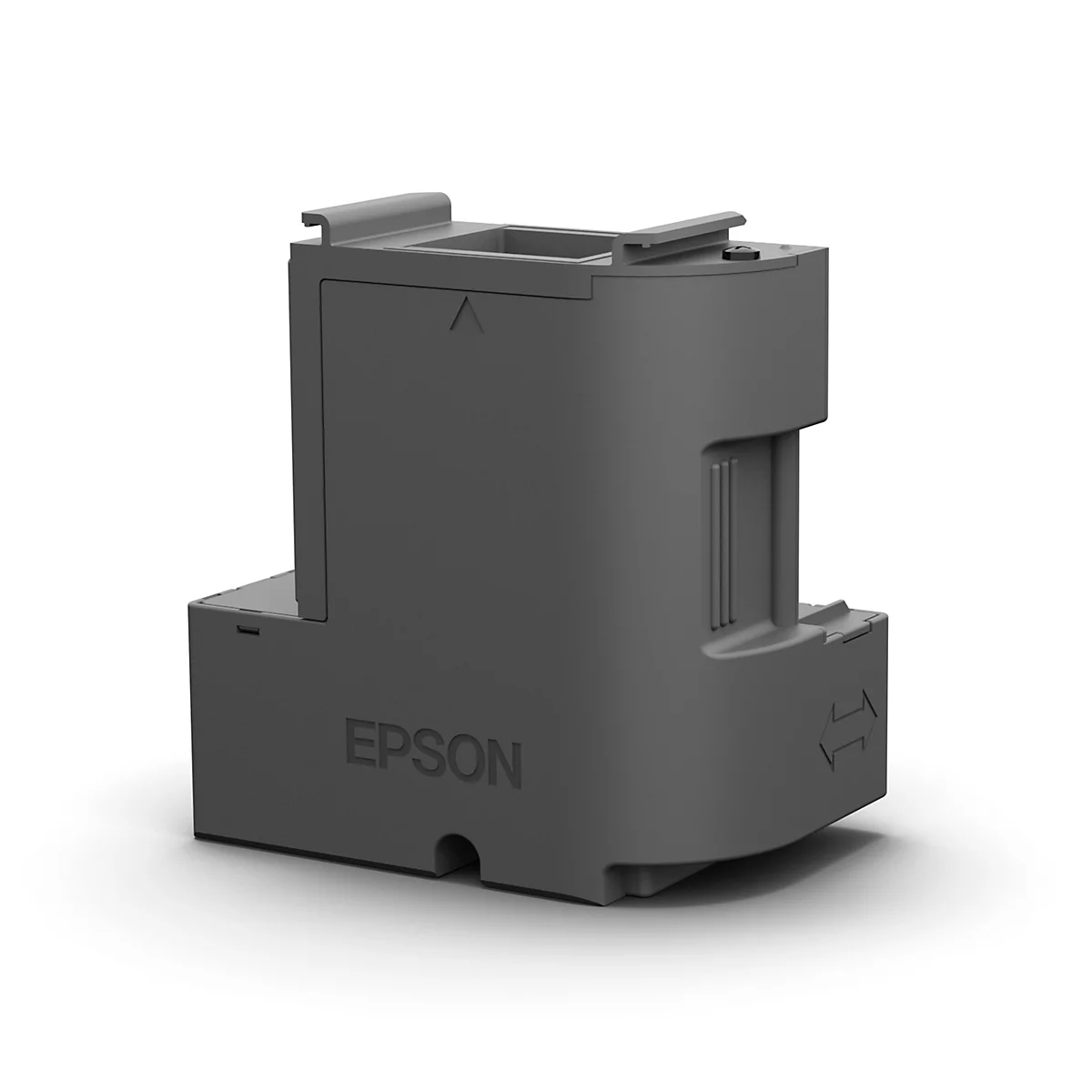 Grauer Druckerzubehörbehälter, Epson Logo. Pfeile zeigen die Richtung an.
