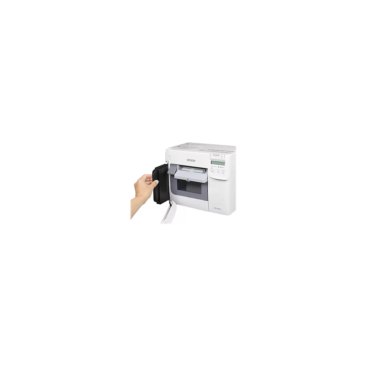 Hand Ã¶ffnet schwarze Klappe eines weiÃŸen Druckers; Epson Logo und Bedienelemente sind sichtbar.