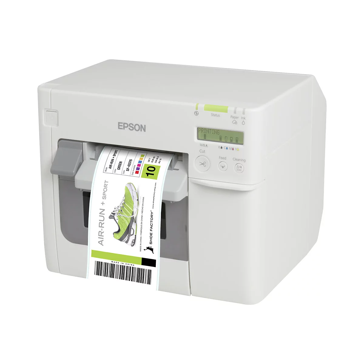 Ein weiÃŸer Epson-Etikettendrucker druckt ein Etikett mit einem grÃ¼nen Sneaker-Design.