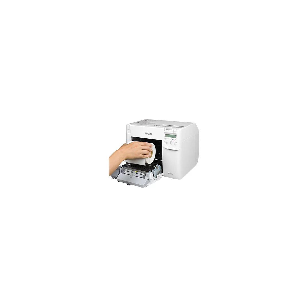 Person legt Papierrolle in einen weiÃŸen Drucker ein. Auf dem Drucker steht EPSON. Ein Display und KnÃ¶pfe sind sichtbar.