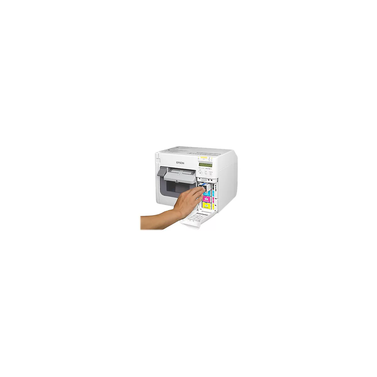 Eine Hand setzt Patronen in einen weiÃŸen Drucker ein. Das Epson-Logo ist deutlich zu sehen.