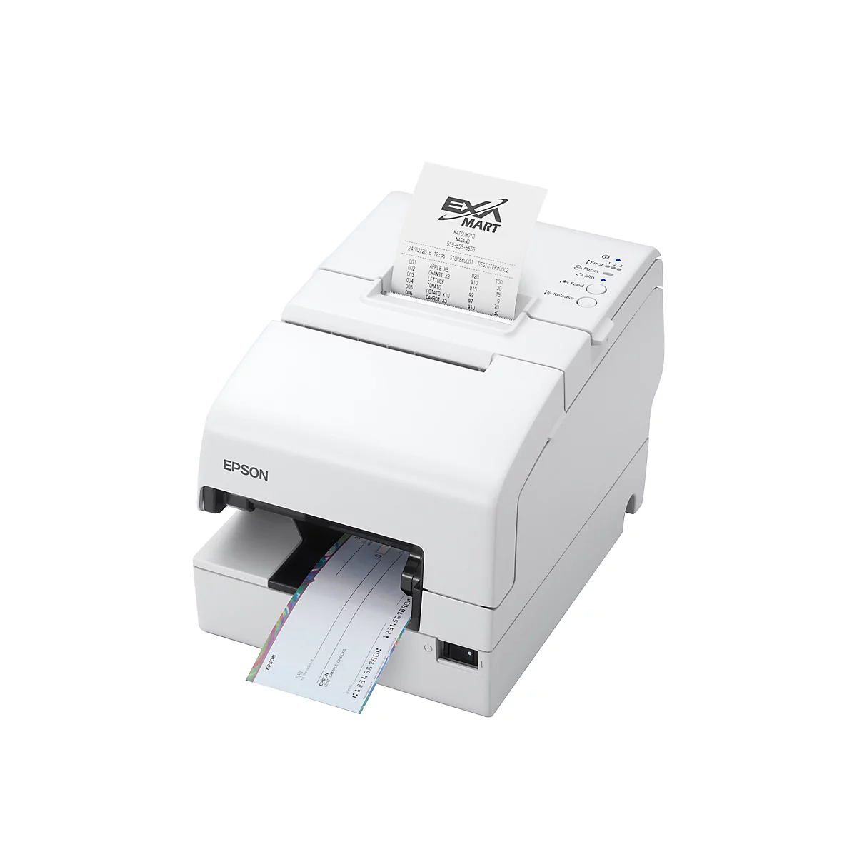 Ein weißer Drucker mit einem Kassenzettel und einem Scheck, der aus dem Ausgabeschlitz ragt.