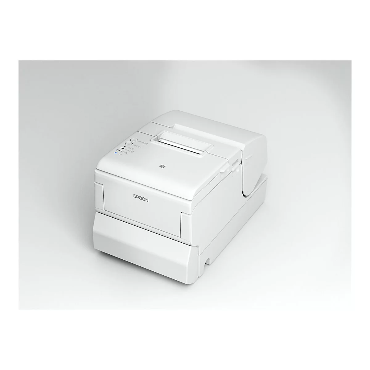 Weißer Drucker vor hellem Hintergrund. Das Epson-Logo ist sichtbar.