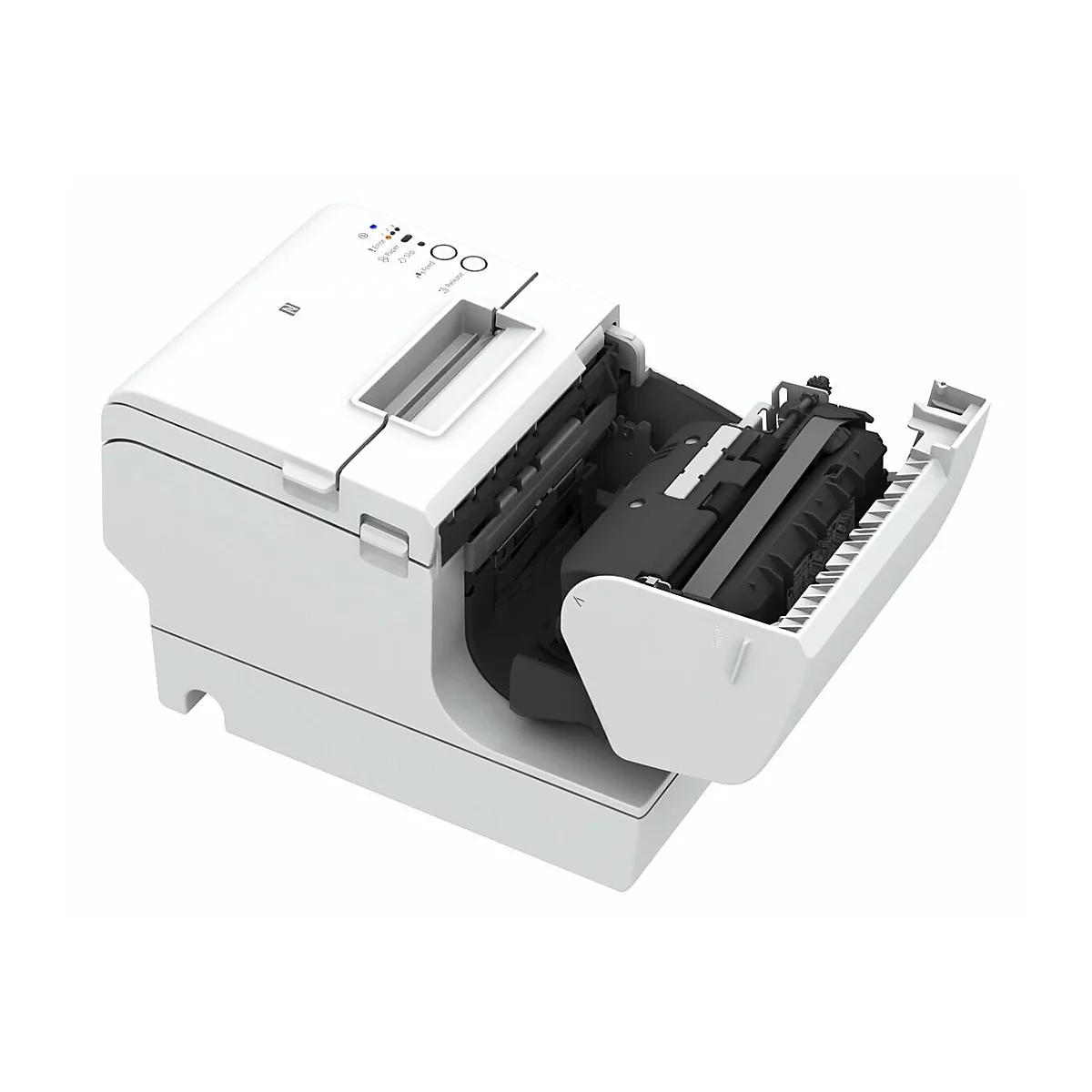 Ein weißer Thermodrucker mit geöffneter Klappe, um das Innenleben zu zeigen. Oben befinden sich Kontrollleuchten und Knöpfe.