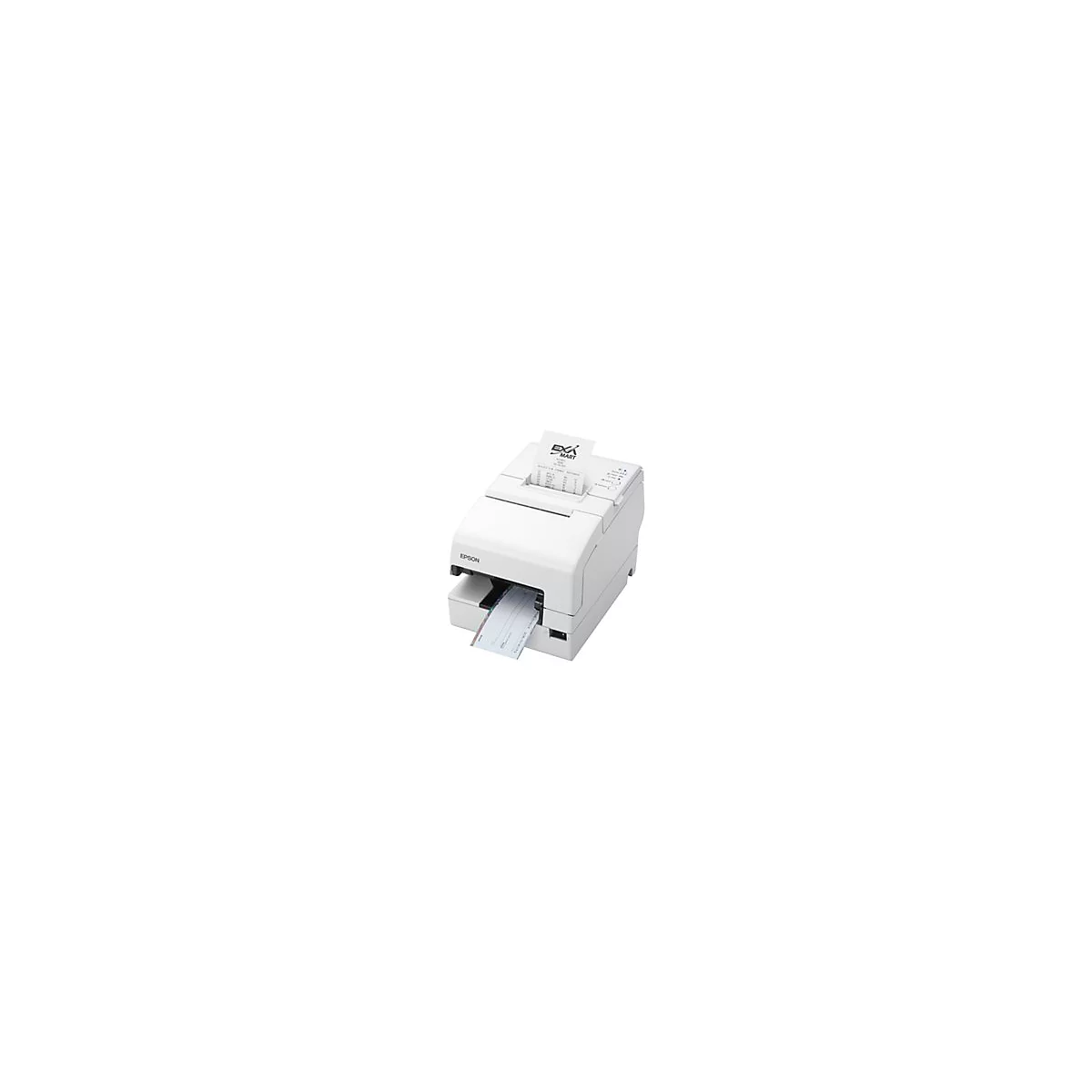 Weißer Bondrucker mit Beleg und Scheck. Druckerlogo: Epson.