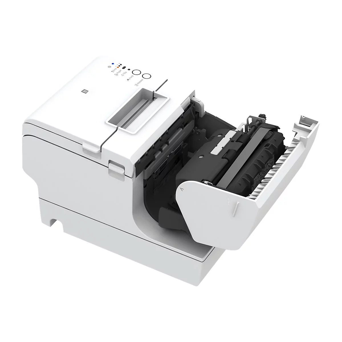 Weißer Drucker mit geöffneter Klappe. Schwarze Walzen und Bedienfeld mit Kontrollleuchten sind sichtbar.