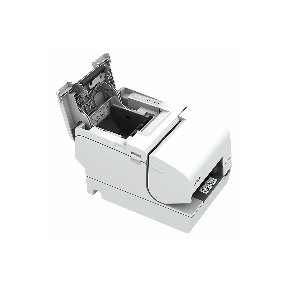 Weißer Drucker, Oberseite geöffnet. Details des Mechanismus und des Papierfachs sind sichtbar. Auf der Vorderseite steht „Epson“.