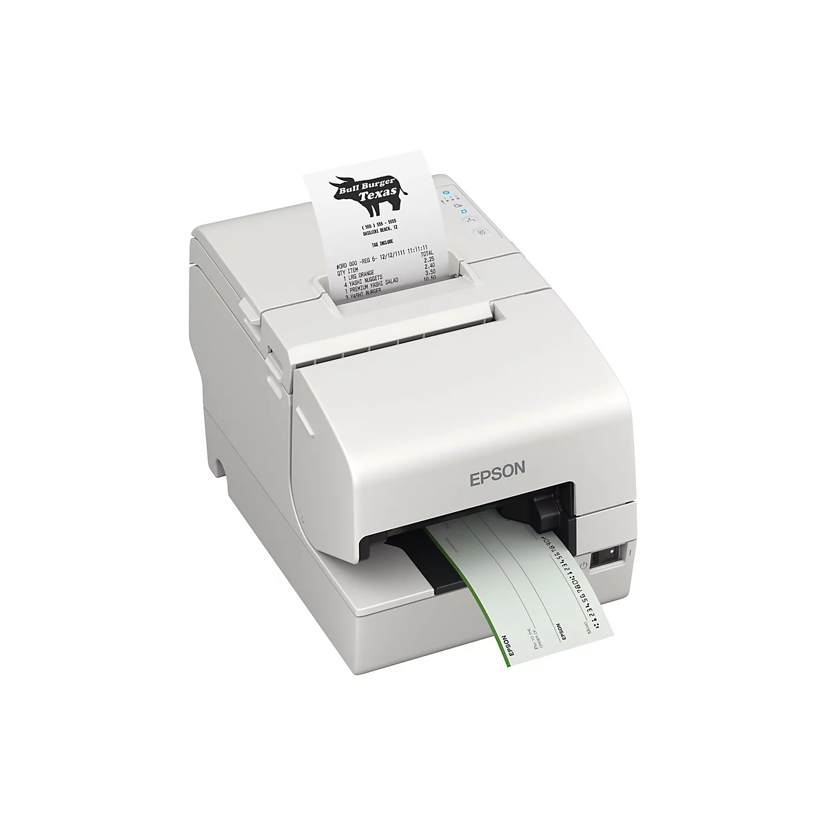 Ein weißer Epson-Thermodrucker druckt einen Beleg für Bull Burger Texas. Auf dem Beleg stehen die Artikel und Preise.