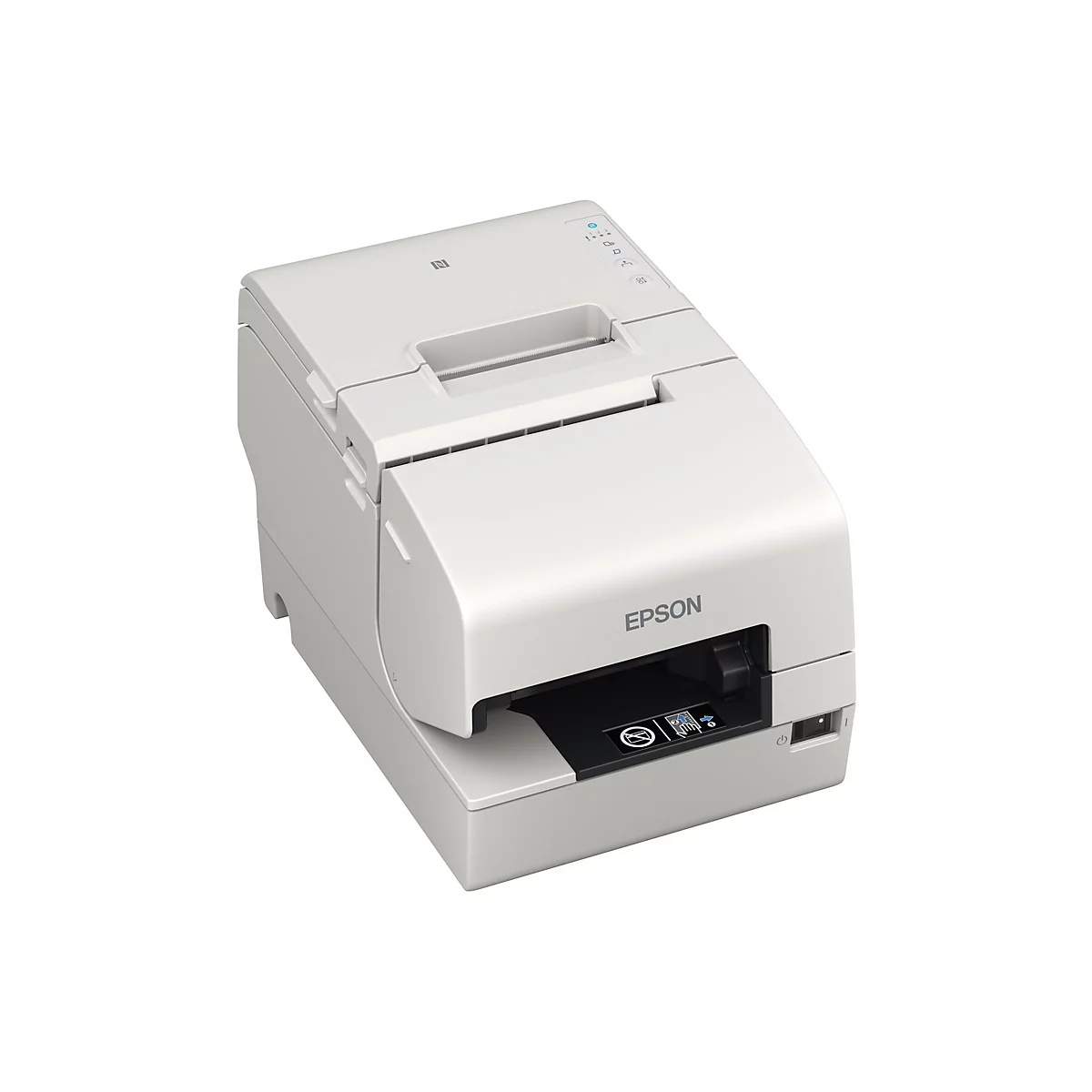 Drucker, weiß, Epson. Auf der Oberseite befinden sich Bedienelemente und ein N-Symbol. Auf der Vorderseite befinden sich eine Papieraustrittsöffnung und das Epson-Logo.