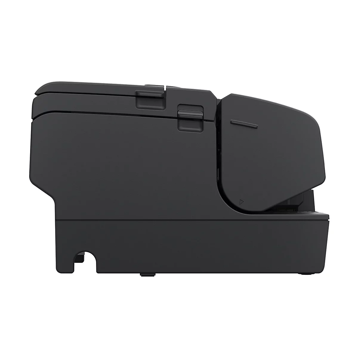 Schwarzer Drucker im Profil, Detailansicht. Deckel, Klappe mit Dreieck und Bedienfeld.