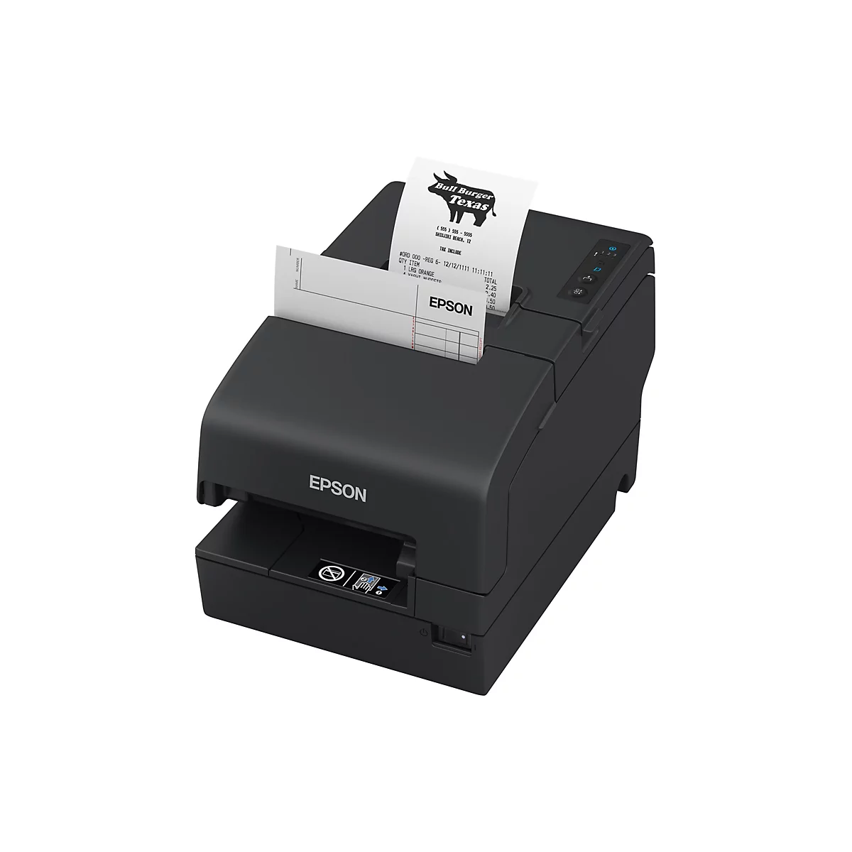 Ein schwarzer Bondrucker mit einem Beleg, der teilweise herausragt. Auf dem Beleg ist das Logo von Bull Burger Texas und Bestellinformationen zu sehen. Das Epson Logo ist prominent auf dem Drucker platziert.