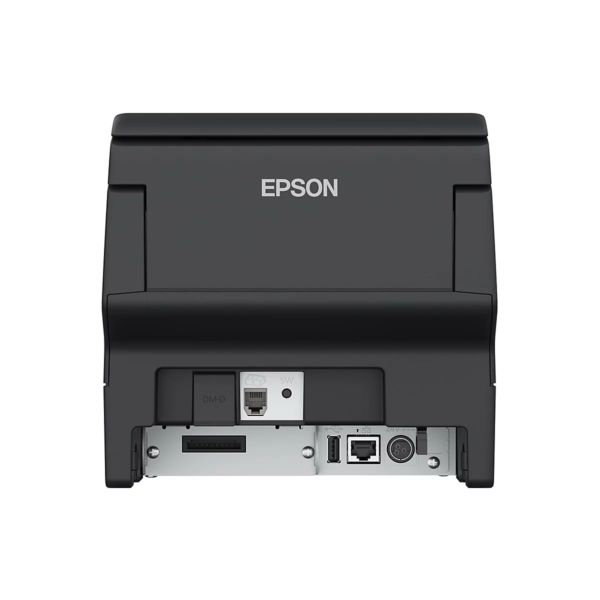 Schwarzer Drucker mit "EPSON" Logo. Rückansicht mit Anschlüssen, u.a. LAN und USB.