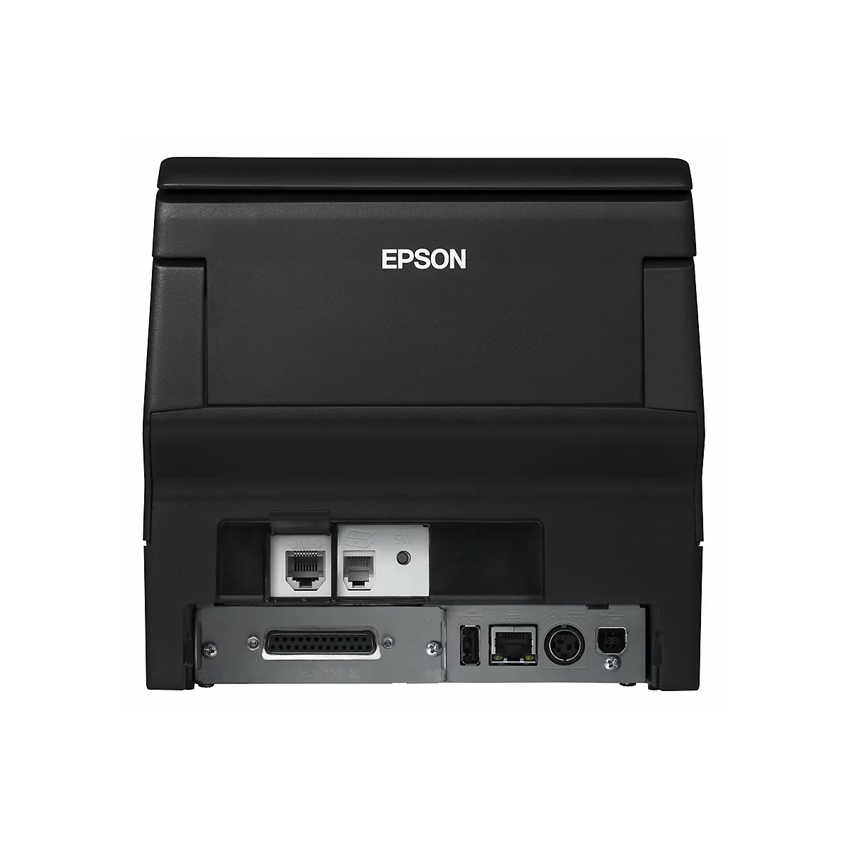 Rückansicht eines schwarzen Epson Druckers mit Anschlüssen. Der Epson Schriftzug ist prominent.