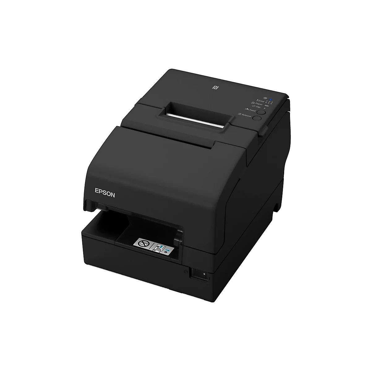 Schwarzer Bondrucker von Epson auf weißem Hintergrund. Druckkopf oben, Papierausgabefach vorne, Bedienfeld mit Statusleuchten.