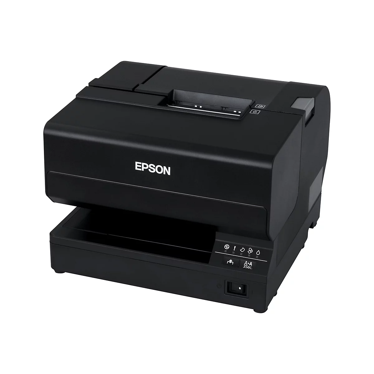 Schwarzer Drucker mit "EPSON" Logo. Auf der Vorderseite befinden sich Funktionssymbole und ein Ein-/Aus-Schalter.
